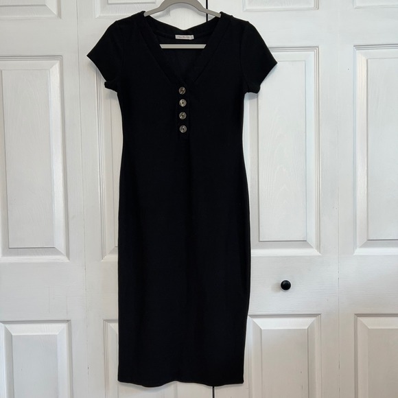 Heart Hips Womens Black Ribbed Bodycon Midi Dress Casual Button Down L - Picture 1 of 10
